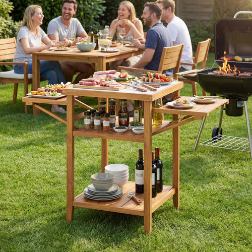 Acacia Wood Outdoor Grill Table with Faux Marble Top and Drop-Leaf Side Panels GemGear