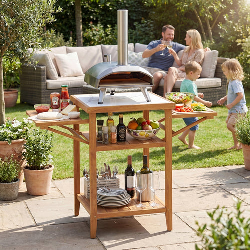Acacia Wood Outdoor Grill Table with Faux Marble Top and Drop-Leaf Side Panels GemGear