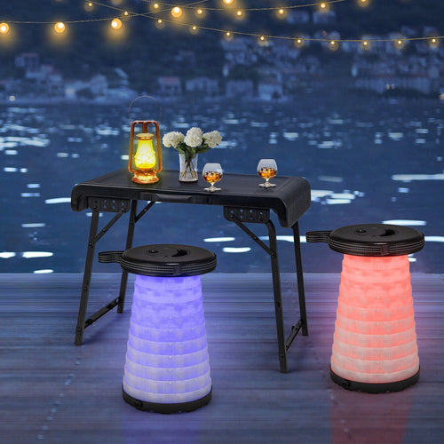 3 Pieces Folding Camping Table Stool Set with 2 Retractable LED Stools-Black GemGear