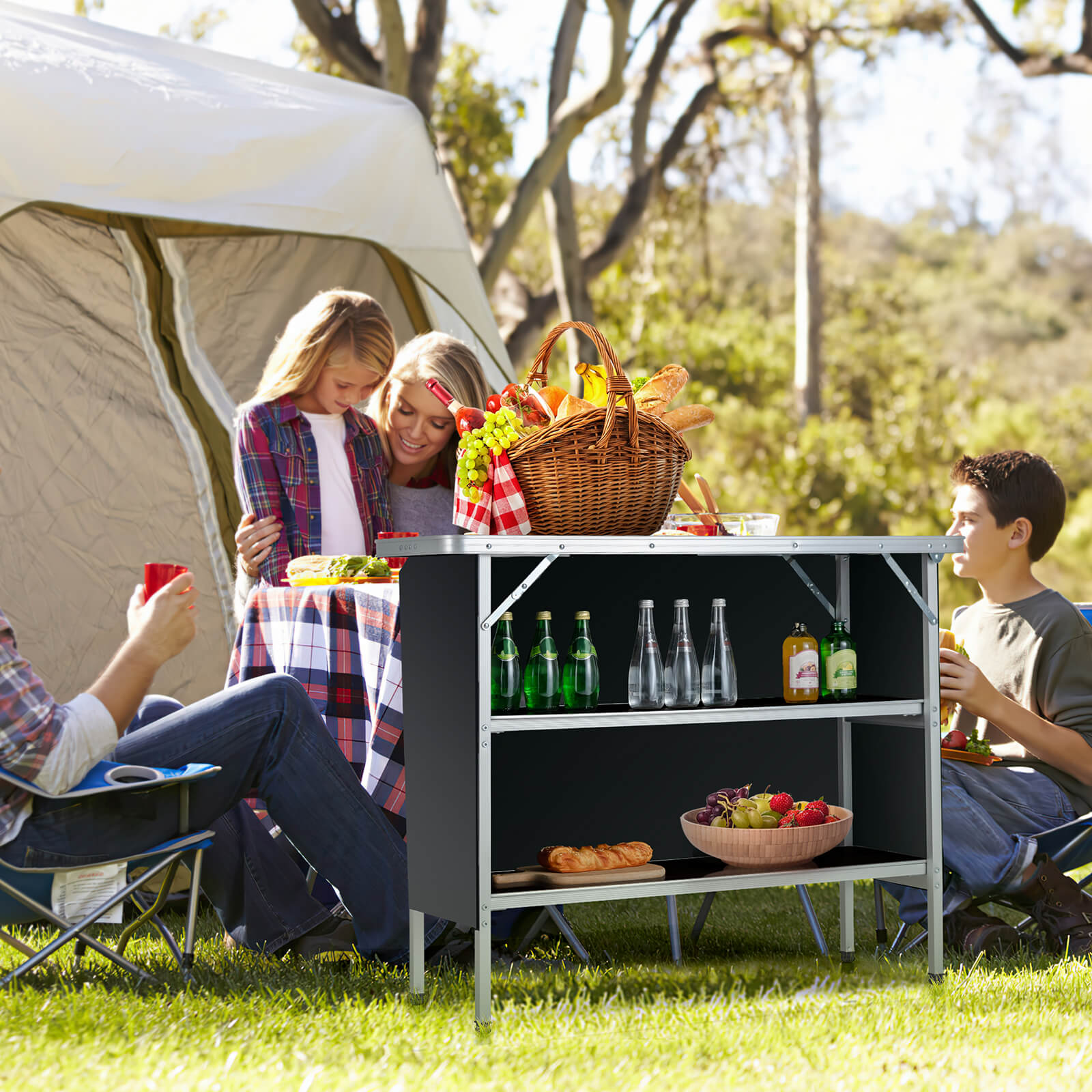 Folding Camping Table with 2-Tier Open Shelves for Outdoor BBQ GemGear