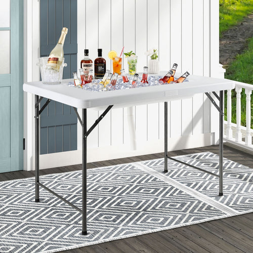 4 Feet Folding Ice Bin Table with Skirt for Camping Picnic Wedding-White GemGear