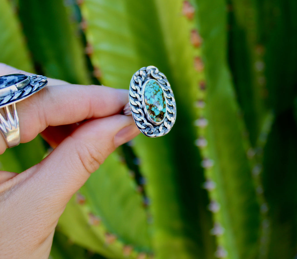 Size 7.5 Polychrome Qingu Turquoise Curb Chain Ring