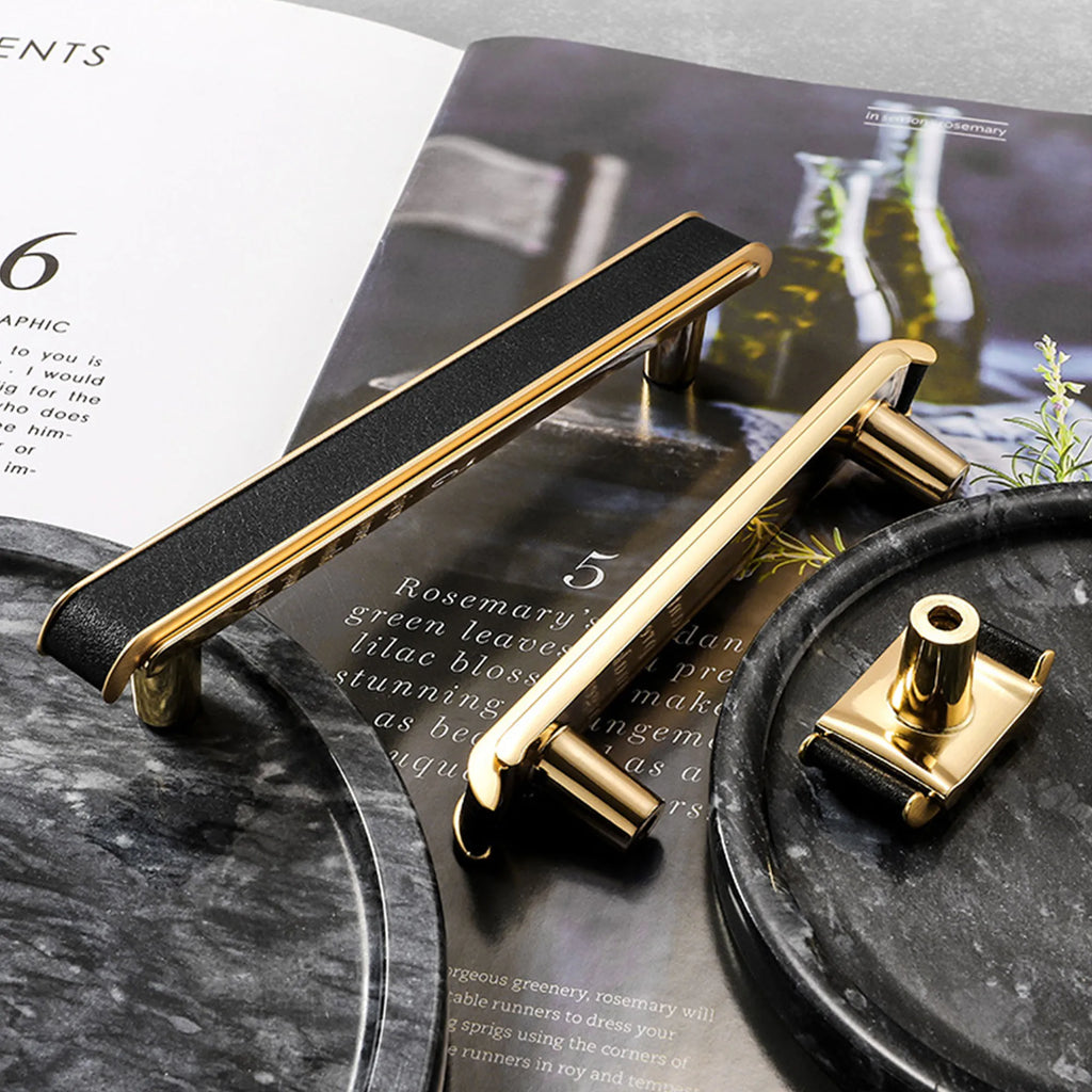 Black Leather and Gold Zinc Alloy Cabinet Handle – Luxury Drawer Pull for Wardrobes and Dressers (128mm) Dlight Decor