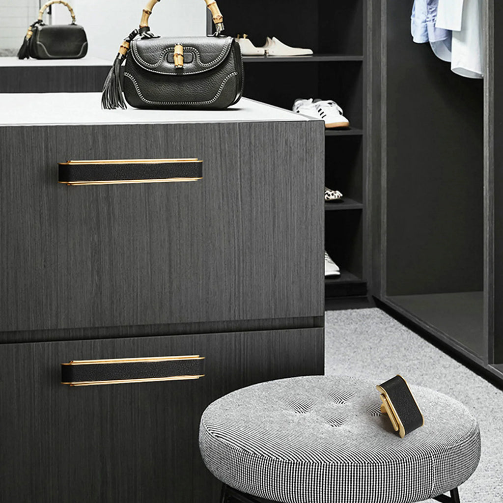 Black Leather and Gold Zinc Alloy Cabinet Handle – Luxury Drawer Pull for Wardrobes and Dressers (128mm) Dlight Decor