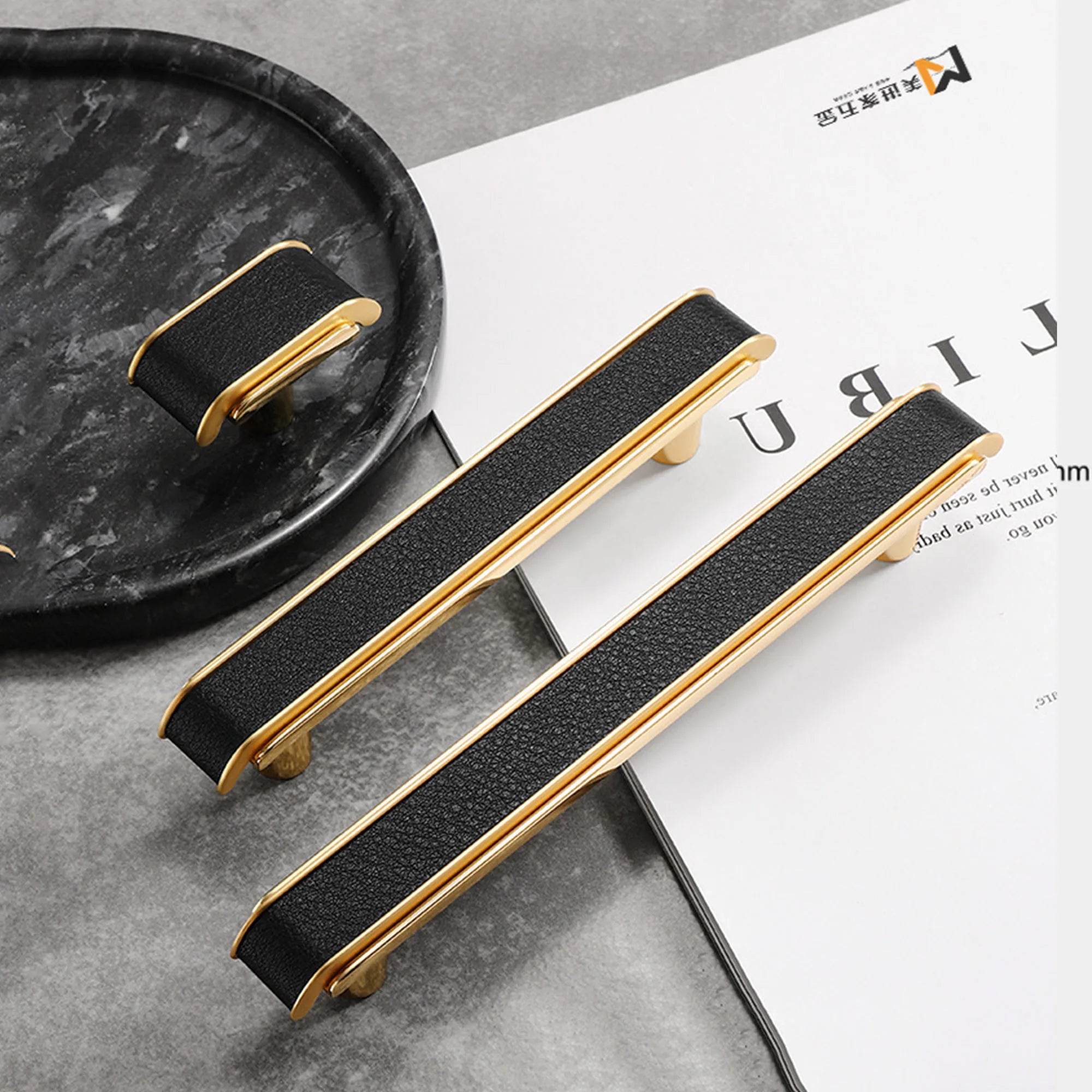 Black Leather and Gold Zinc Alloy Cabinet Handle – Luxury Drawer Pull for Wardrobes and Dressers (128mm) Dlight Decor