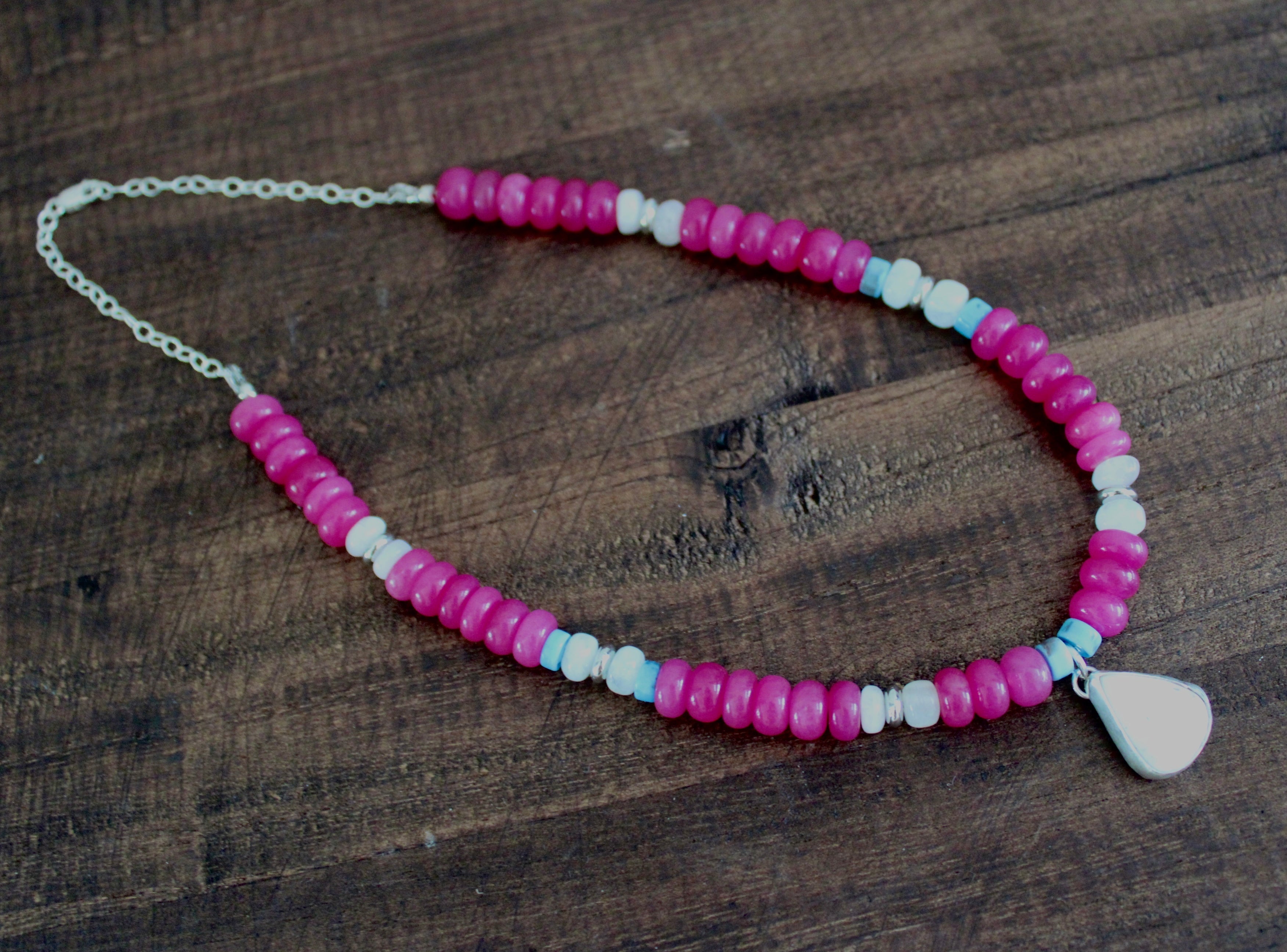 Ruby Jade beaded necklace with White Buffalo Turquoise Pendant