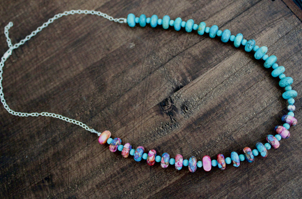 Pink Dahlia and Kingman Beaded Necklace
