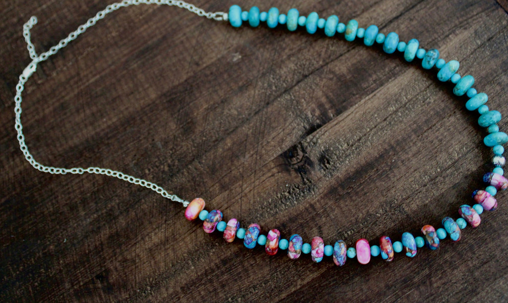 Pink Dahlia and Kingman Beaded Necklace