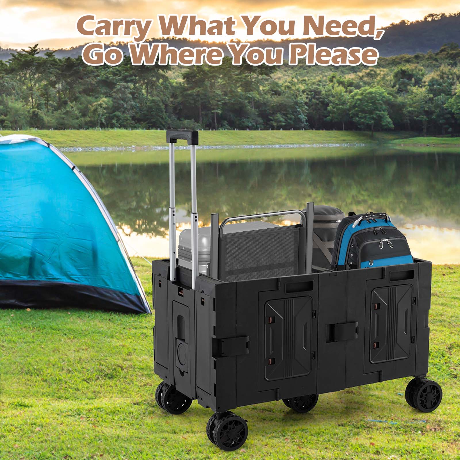 Large Foldable Utility Cart with 2-Tier Storage Crates and Telescoping Handle GemGear