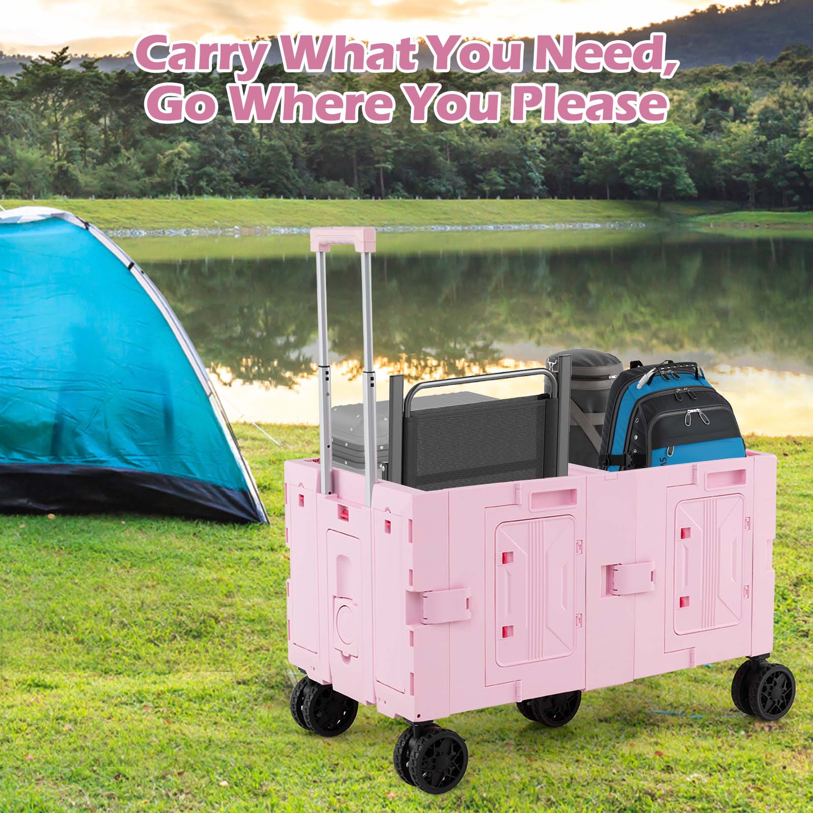 Large Foldable Utility Cart with 2-Tier Storage Crates and Telescoping Handle GemGear