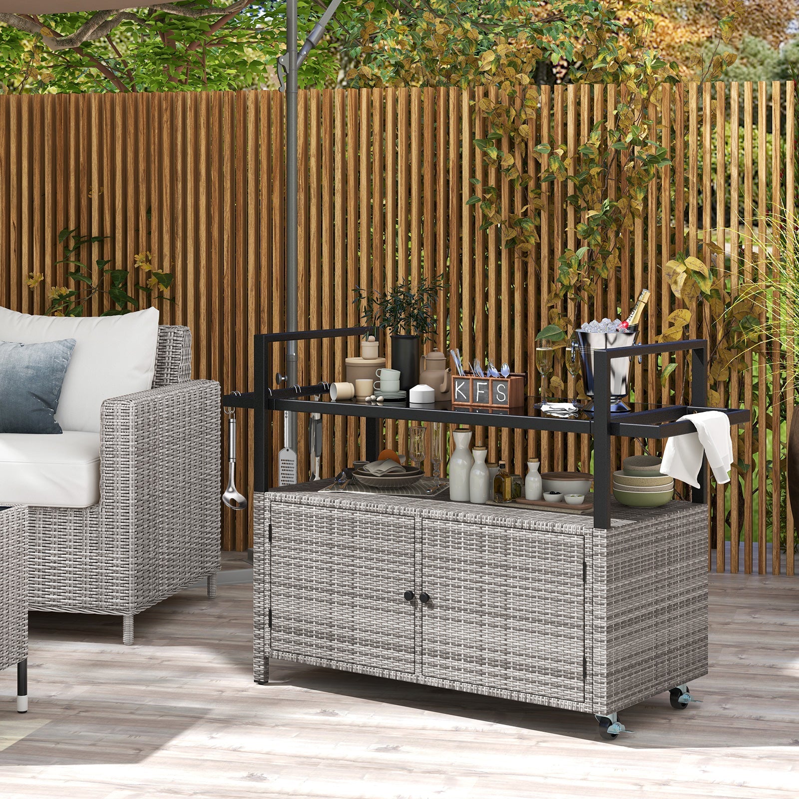 Outdoor Bar Cart Wicker Buffet Serving Cart with Cabinet and 8 Hooks GemGear