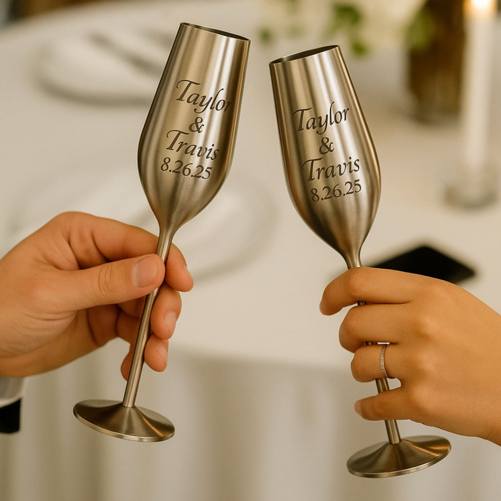 Silver Personalized Champagne Flutes Set of 2, 7.5 Ounces (221.80 ml) Sister.ly Drinkware