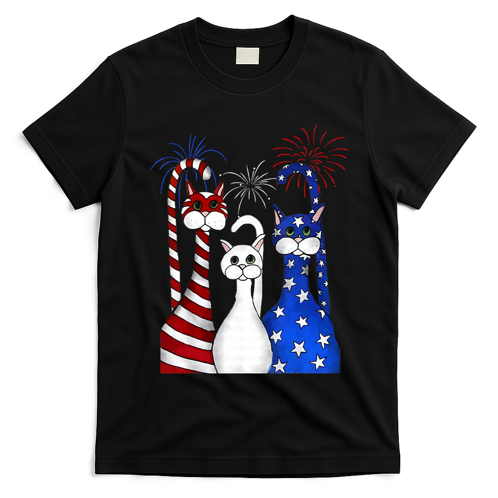 Red White Blue Cats USA Flag Firework 4th Of July T-Shirt Mood Vibes Tees - Express Your Mood, Wear Your Style