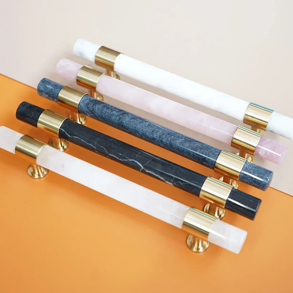 Natural Marble and Crystal T-Bar Cabinet Handles – Modern Brass Knobs for Kitchen, Dresser, and Furniture Pulls Dlight Decor