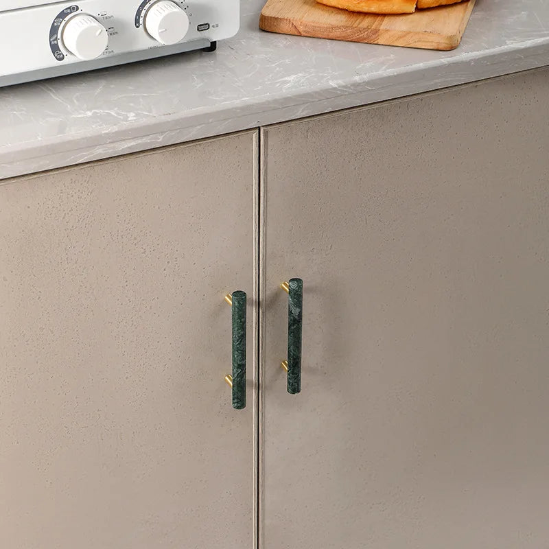 Green and White Marble Cabinet Handle – Luxury Natural Stone Drawer Pulls with Brass Base (50mm-200mm) Dlight Decor