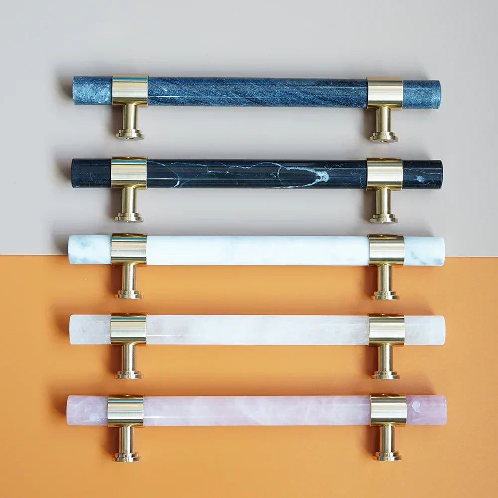 Natural Marble and Crystal T-Bar Cabinet Handles – Modern Brass Knobs for Kitchen, Dresser, and Furniture Pulls Dlight Decor