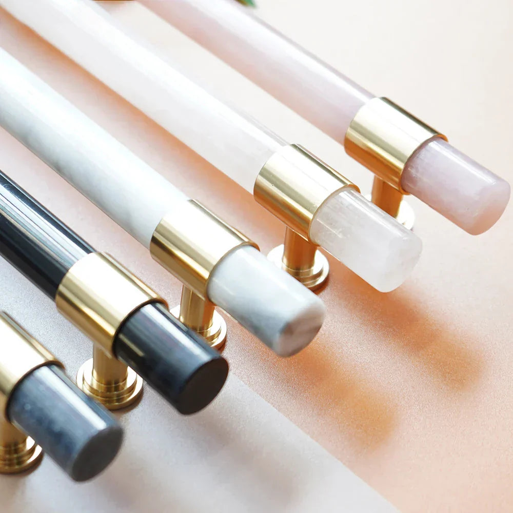 Natural Marble and Crystal T-Bar Cabinet Handles – Modern Brass Knobs for Kitchen, Dresser, and Furniture Pulls Dlight Decor
