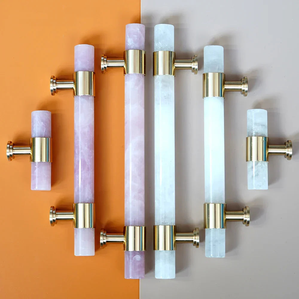 Natural Marble and Crystal T-Bar Cabinet Handles – Modern Brass Knobs for Kitchen, Dresser, and Furniture Pulls Dlight Decor