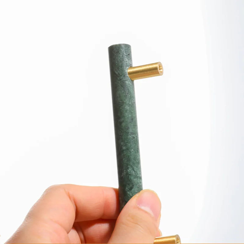 Green and White Marble Cabinet Handle – Luxury Natural Stone Drawer Pulls with Brass Base (50mm-200mm) Dlight Decor