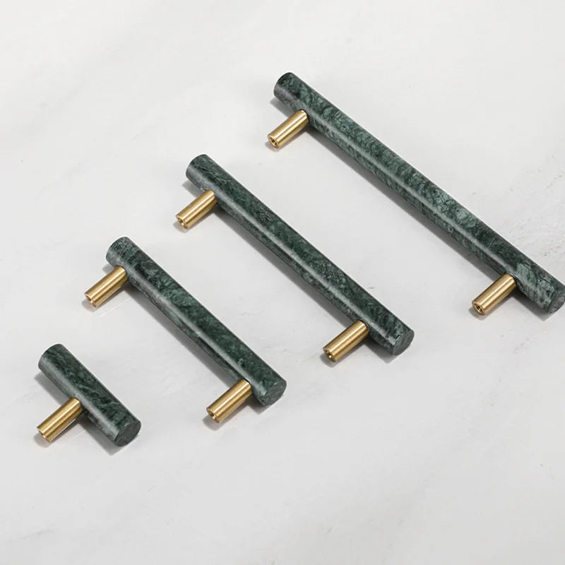 Green and White Marble Cabinet Handle – Luxury Natural Stone Drawer Pulls with Brass Base (50mm-200mm) Dlight Decor
