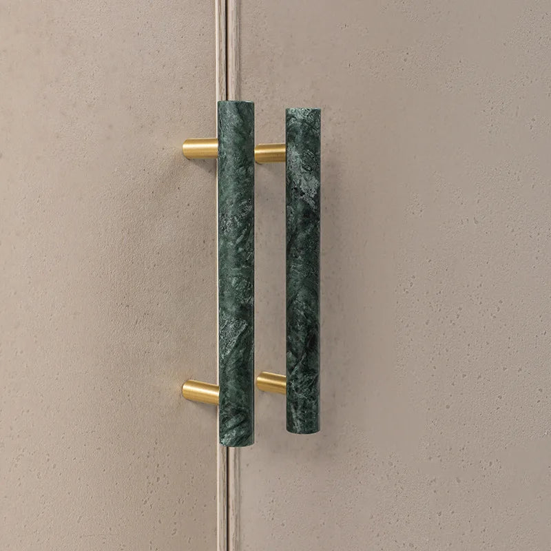 Green and White Marble Cabinet Handle – Luxury Natural Stone Drawer Pulls with Brass Base (50mm-200mm) Dlight Decor