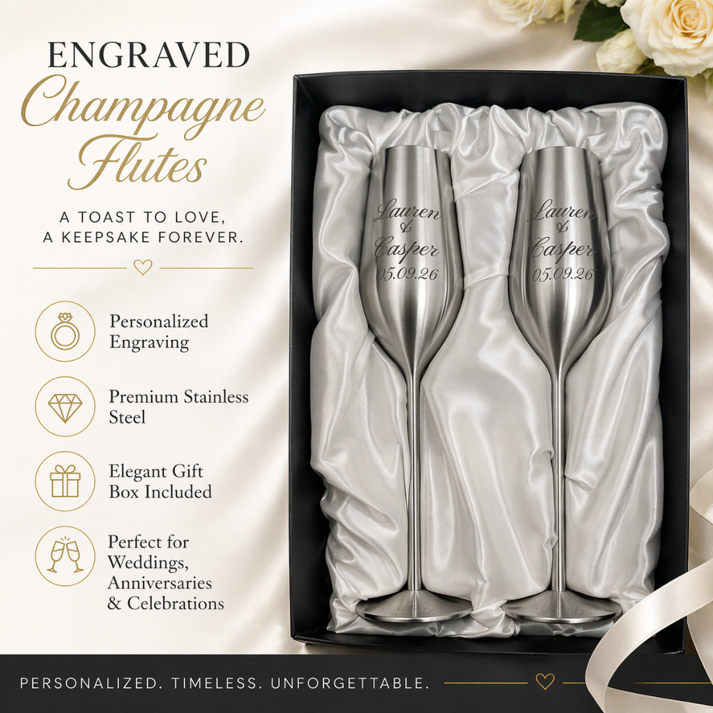 Silver Personalized Champagne Flutes Set of 2, 7.5 Ounces (221.80 ml) Sister.ly Drinkware