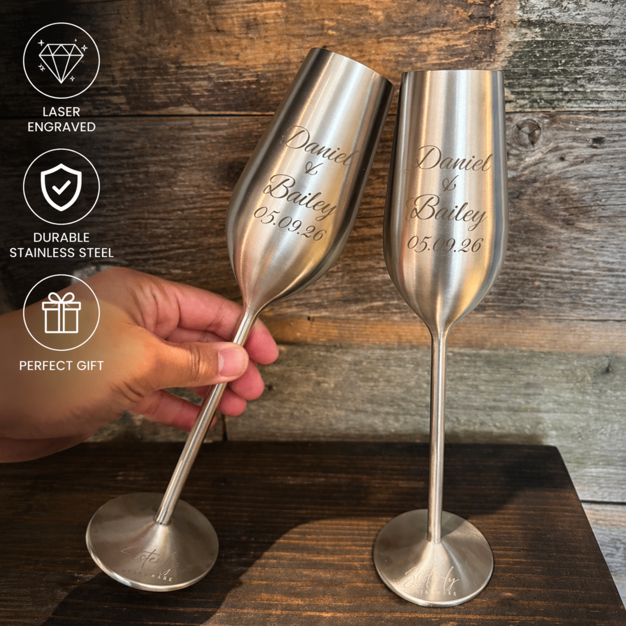 Silver Personalized Champagne Flutes Set of 2, 7.5 Ounces (221.80 ml) Sister.ly Drinkware