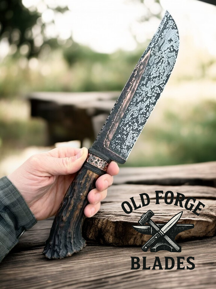Custom Handmade Hammered Hunting Knife – Forged Damascus Blade with Leather Sheath OLD FORGE BLADES