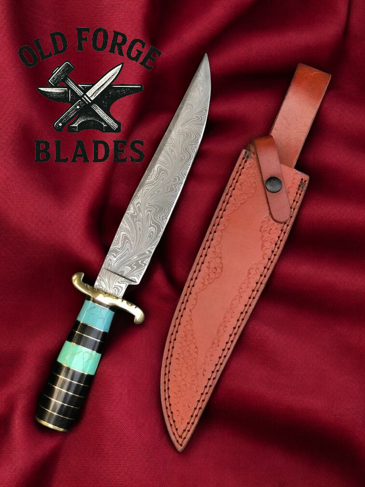 Premium Damascus Steel Bowie Knife with Turquoise Handle OLD FORGE BLADES