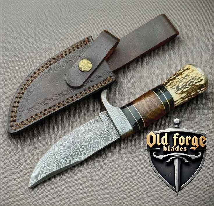 Custom Handmade demascus steel knife with Stag Antler Handle OLD FORGE BLADES