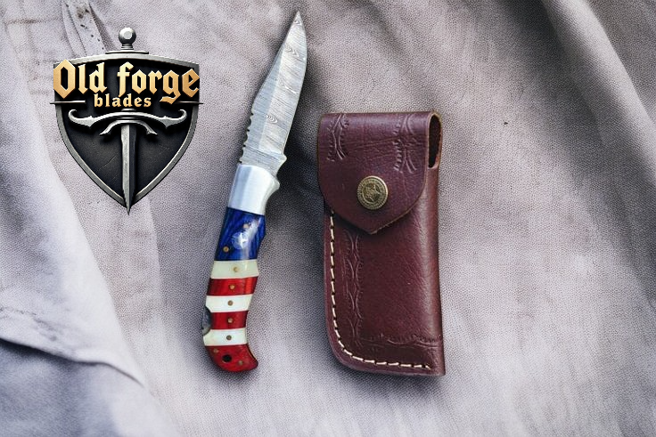 Premium Damascus Pocket Knife – US Flag Wood & Bone Handle OLD FORGE BLADES