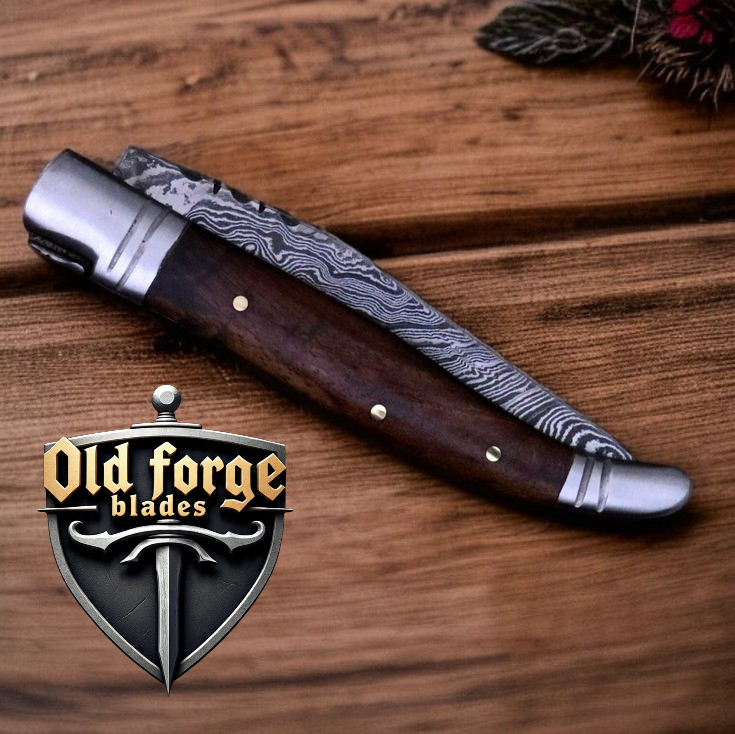 Premium Damascus Steel Pocket Knife – Olive Wood Handle OLD FORGE BLADES
