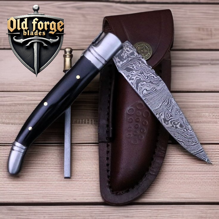 Premium Damascus Pocket Knife – Buffalo Horn Handle OLD FORGE BLADES