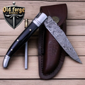 Premium Damascus Pocket Knife – Buffalo Horn Handle OLD FORGE BLADES