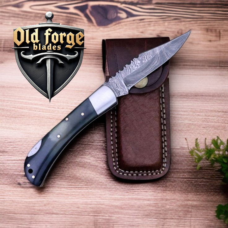 Damascus Pocket Knife – Custom Handmade 3.5” Folding Knife with Back Lock & Buffalo Horn Handle OLD FORGE BLADES