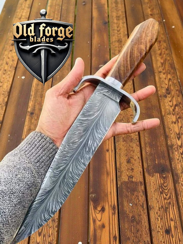 Custom Handmade Damascus Bowie Knife – Rosewood Handle OLD FORGE BLADES