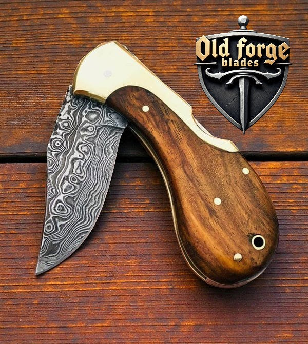 Handmade Damascus Steel Small Pocket Knife with Rosewood Handle OLD FORGE BLADES