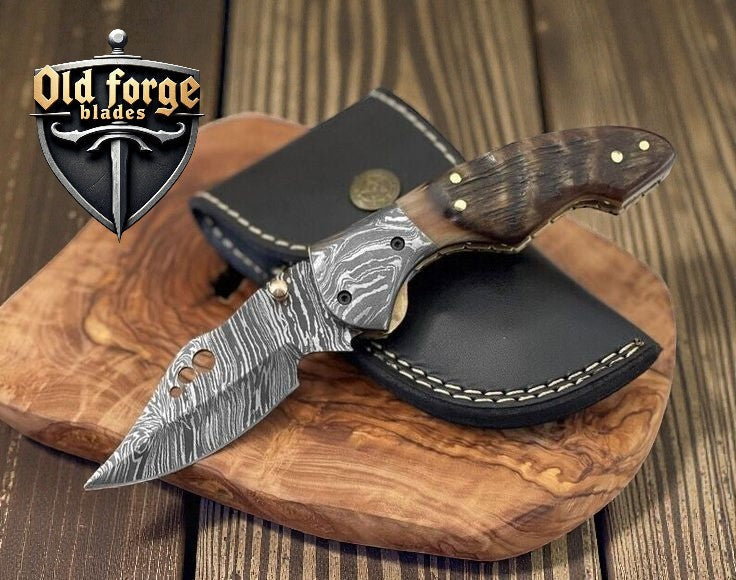Handmade Damascus Pocket Knife – Ram Horn Handle Liner Lock OLD FORGE BLADES