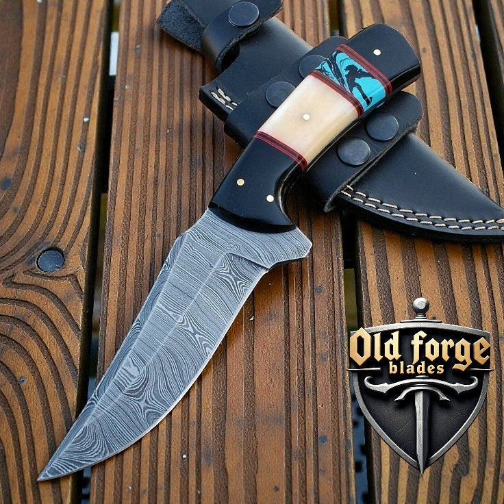 Custom Handmade Damascus Blade Hunting Knife with Bone & Horn Handle OLD FORGE BLADES