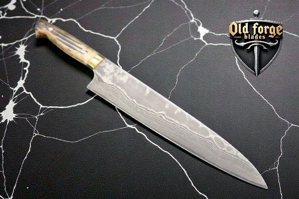 Handmade Damascus Chef Knife – 8" Blade Kitchen Knife with Stag Bone Handle OLD FORGE BLADES
