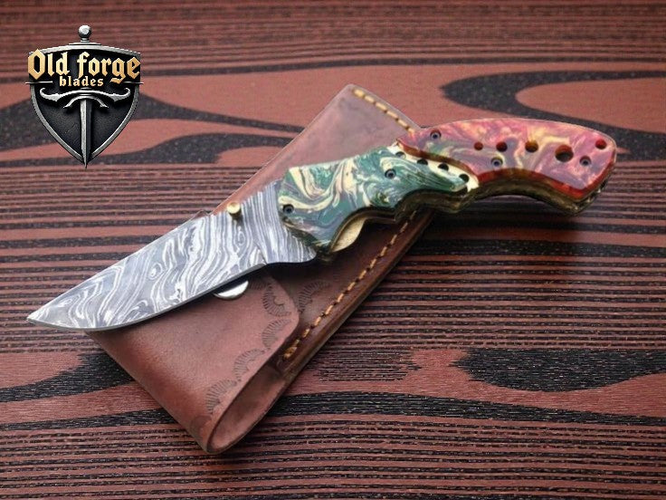 Damascus Steel Hunting Pocket Knife – Epoxy Resin Handle OLD FORGE BLADES