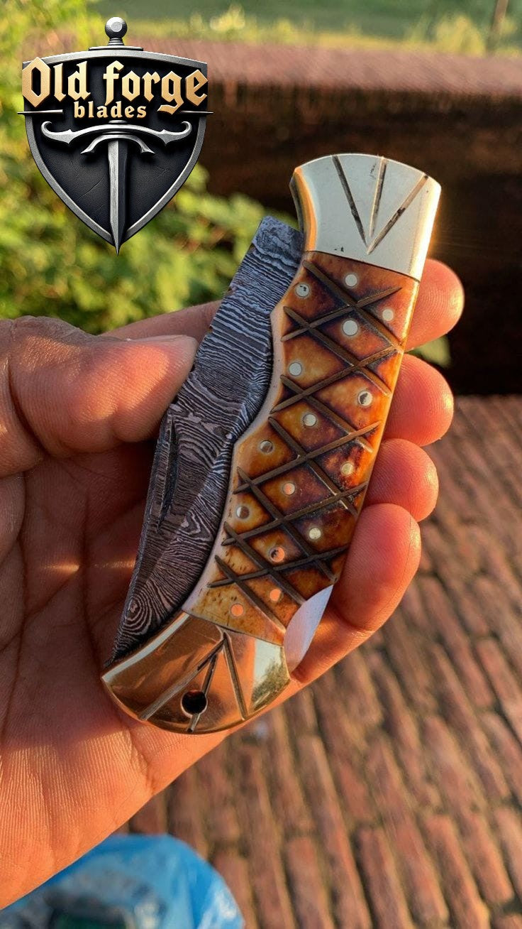 Exclusive Handmade Damascus Pocket Knife – Burl Camel Bone Handle OLD FORGE BLADES