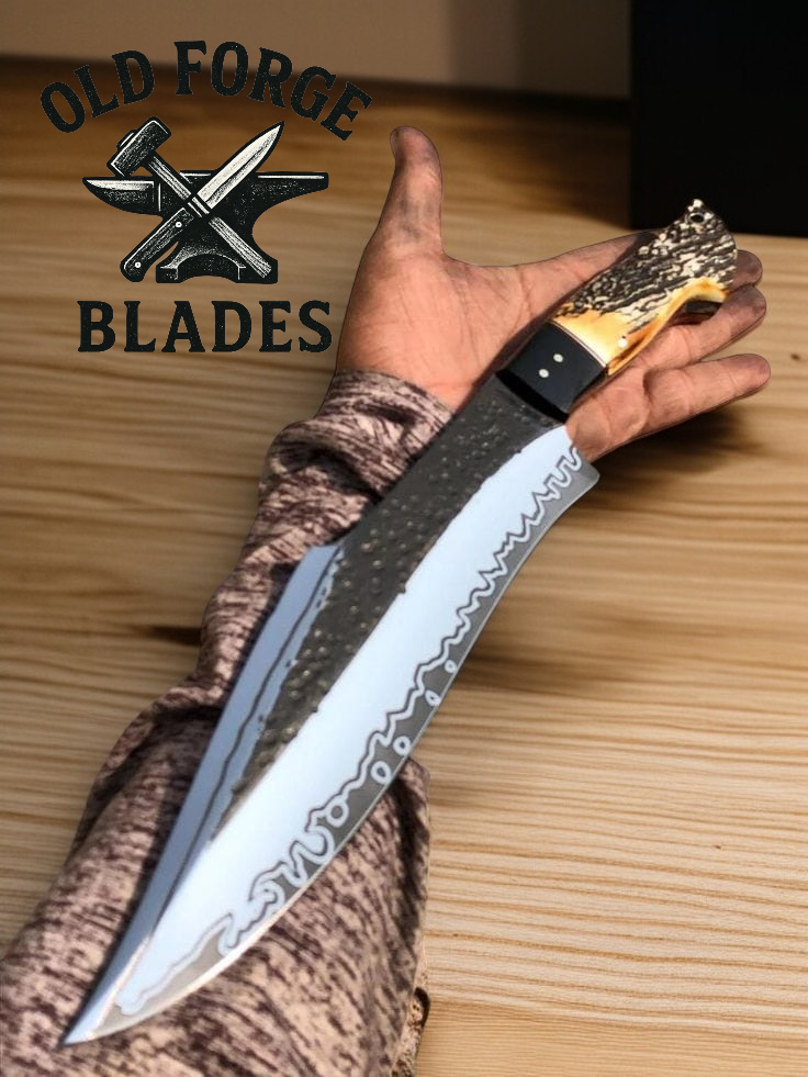Custom Handmade Damascus Knife – 9" Blade Bowie Knife OLD FORGE BLADES