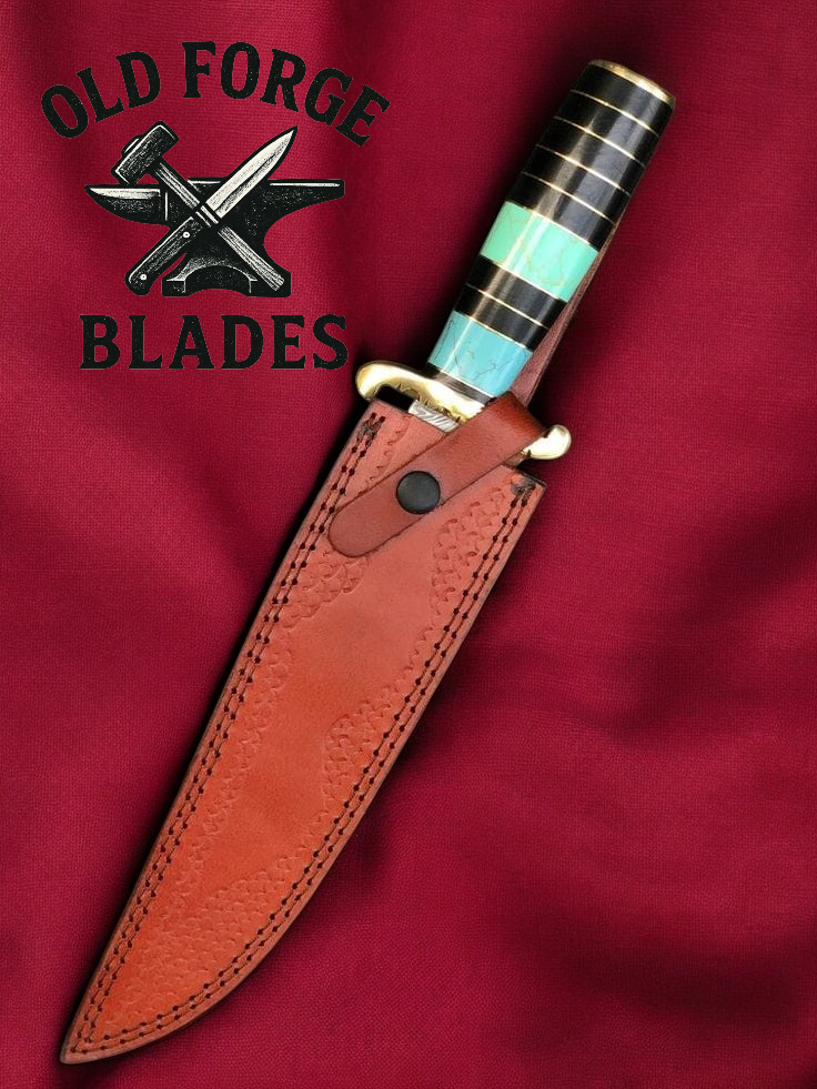 Premium Damascus Steel Bowie Knife with Turquoise Handle OLD FORGE BLADES