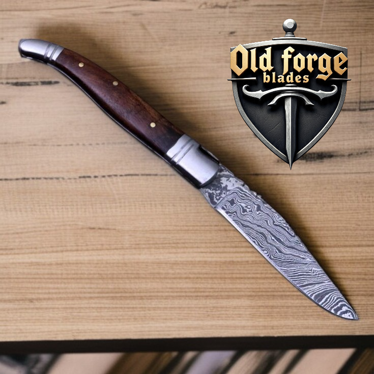 Premium Damascus Steel Pocket Knife – Olive Wood Handle OLD FORGE BLADES