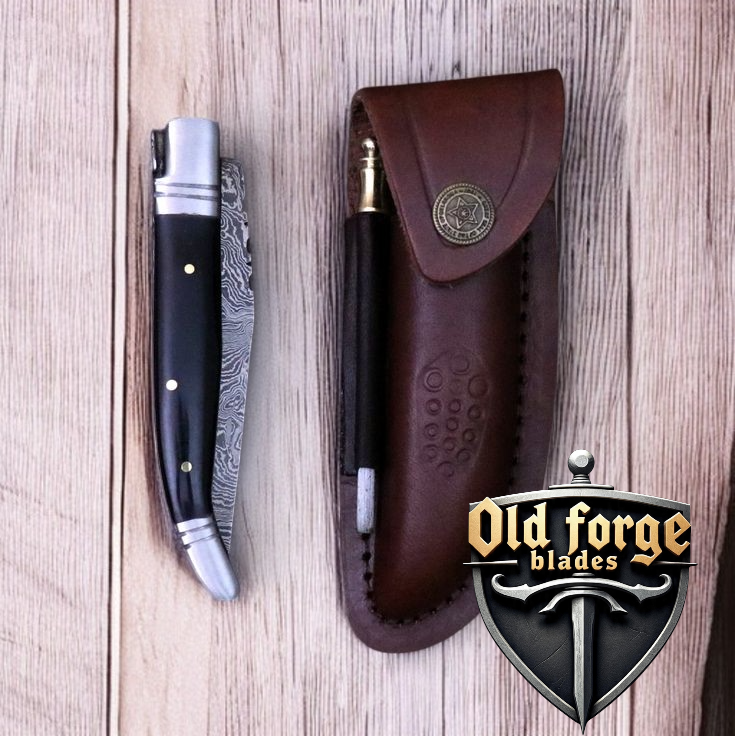Premium Damascus Pocket Knife – Buffalo Horn Handle OLD FORGE BLADES