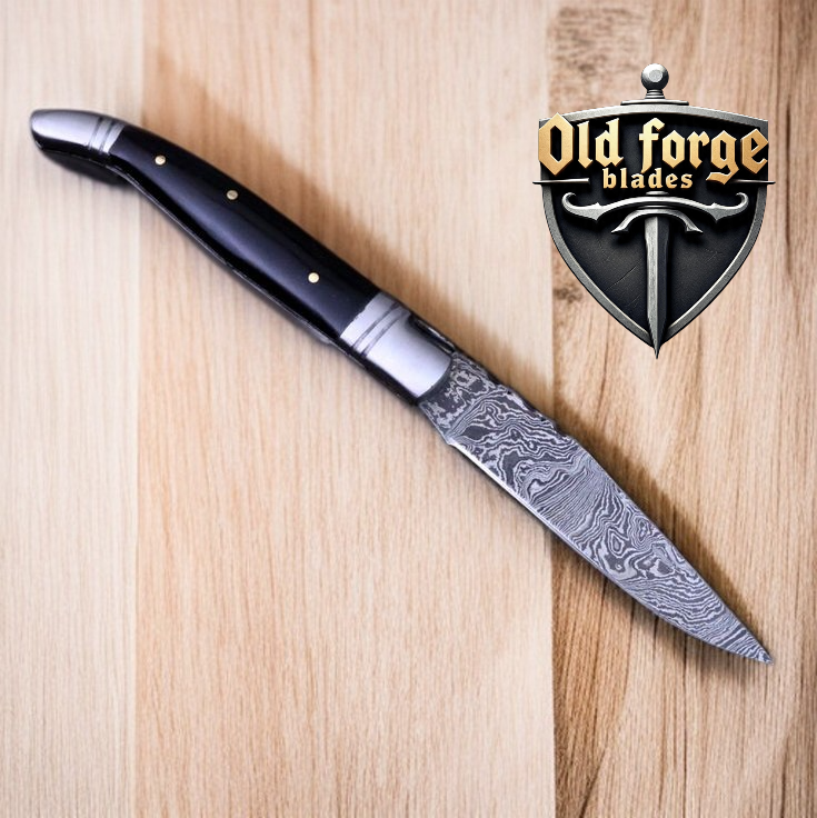 Premium Damascus Pocket Knife – Buffalo Horn Handle OLD FORGE BLADES
