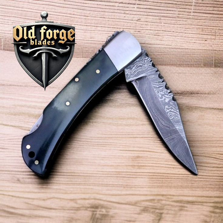 Damascus Pocket Knife – Custom Handmade 3.5” Folding Knife with Back Lock & Buffalo Horn Handle OLD FORGE BLADES