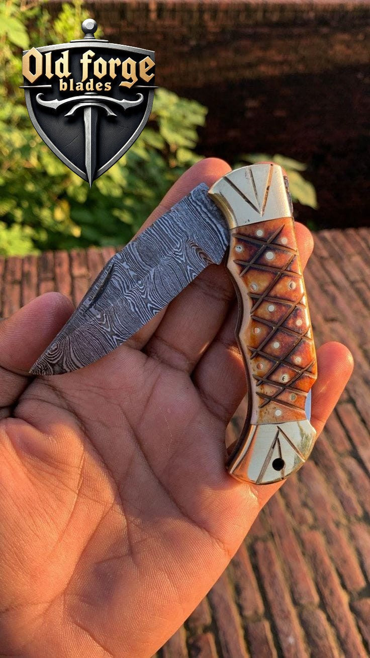 Exclusive Handmade Damascus Pocket Knife – Burl Camel Bone Handle OLD FORGE BLADES