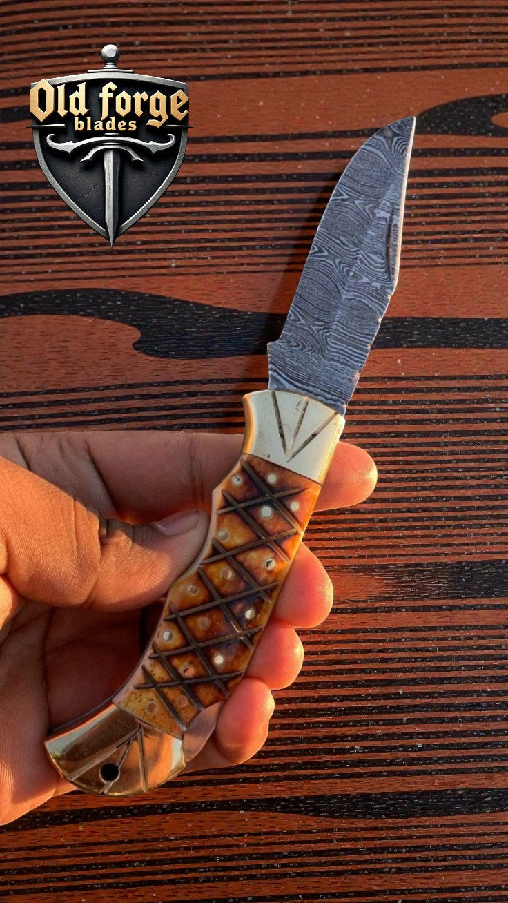 Exclusive Handmade Damascus Pocket Knife – Burl Camel Bone Handle OLD FORGE BLADES